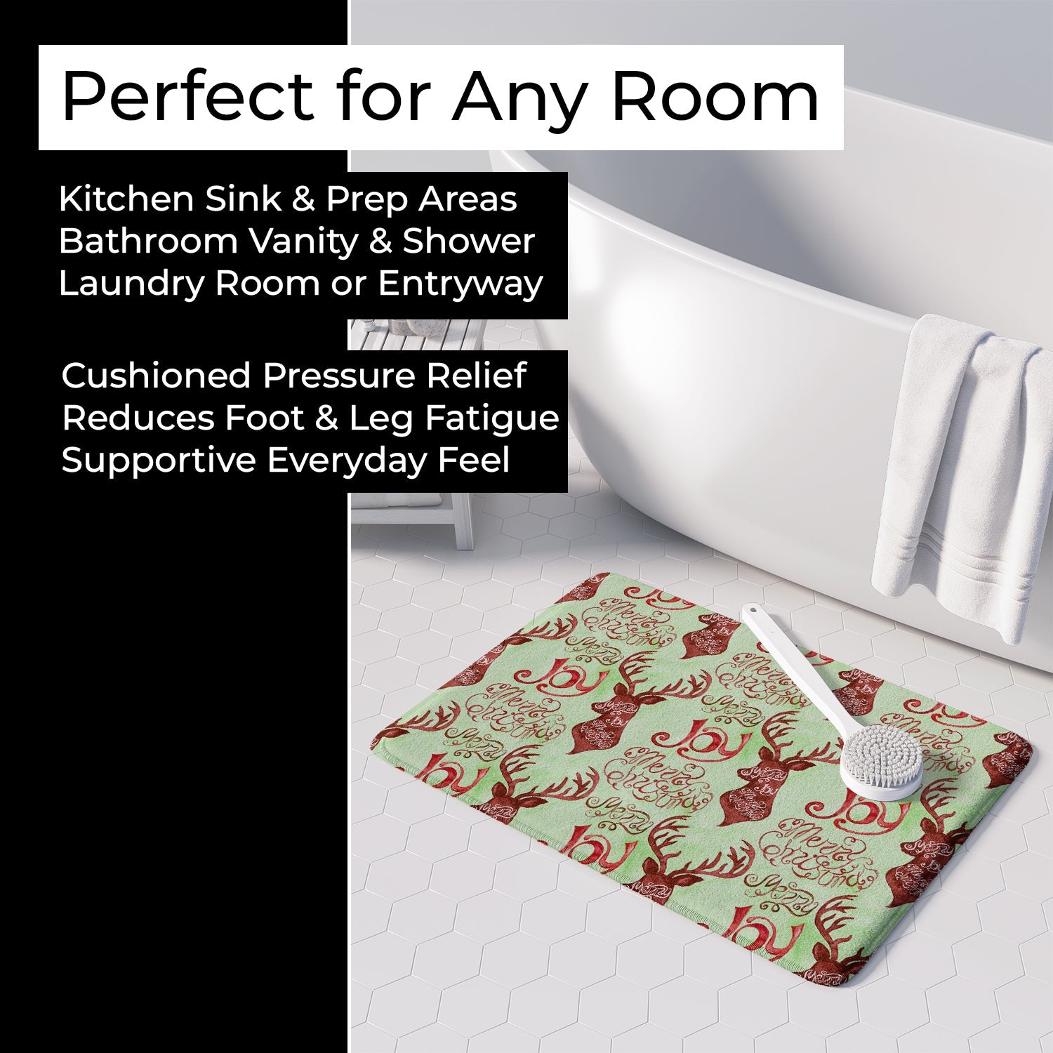 Merry Christmas Joy Reindeer Memory Foam Kitchen Mat Machine Washable Anti-Fatigue Cushion Comfort Bath or Kitchen Rug