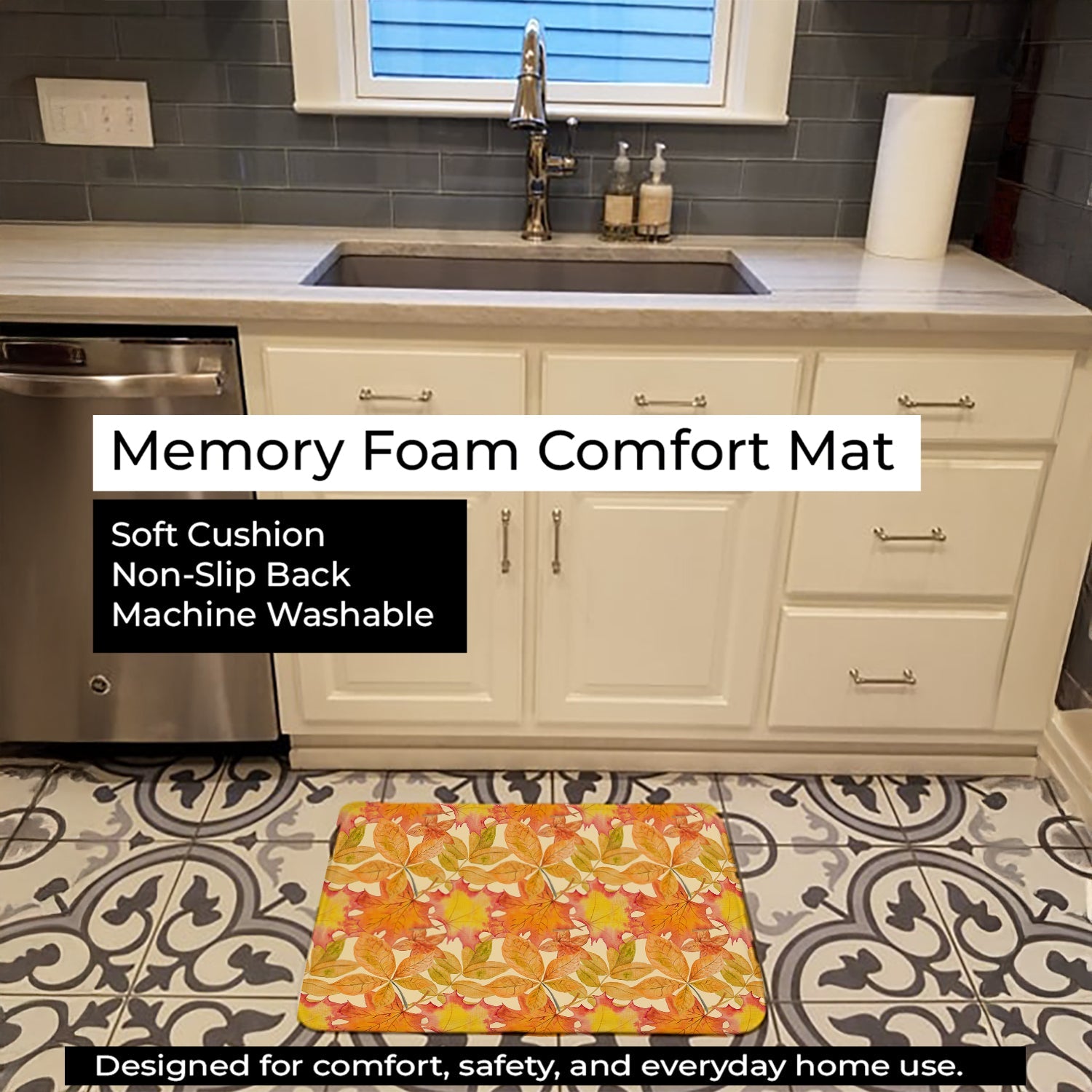 Fall Leaves Watercolor Memory Foam Kitchen Mat Machine Washable Anti-Fatigue Cushion Comfort Bath or Kitchen Rug