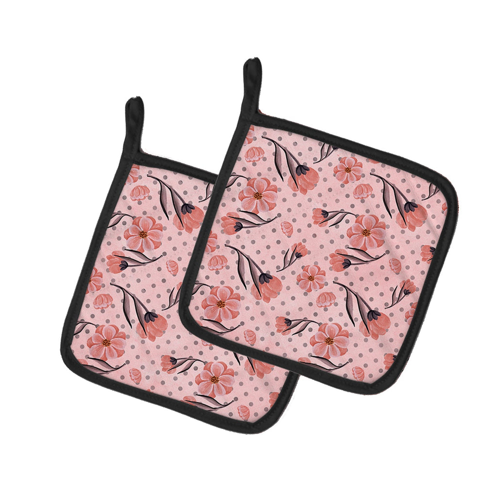 Pink Flowers and Polka Dots Pot Holder Set of 2 Heat Resistant Quilted Hot Pads 7.5 x 7.5 Inch, Insulated Kitchen Trivets for Cooking & Baking