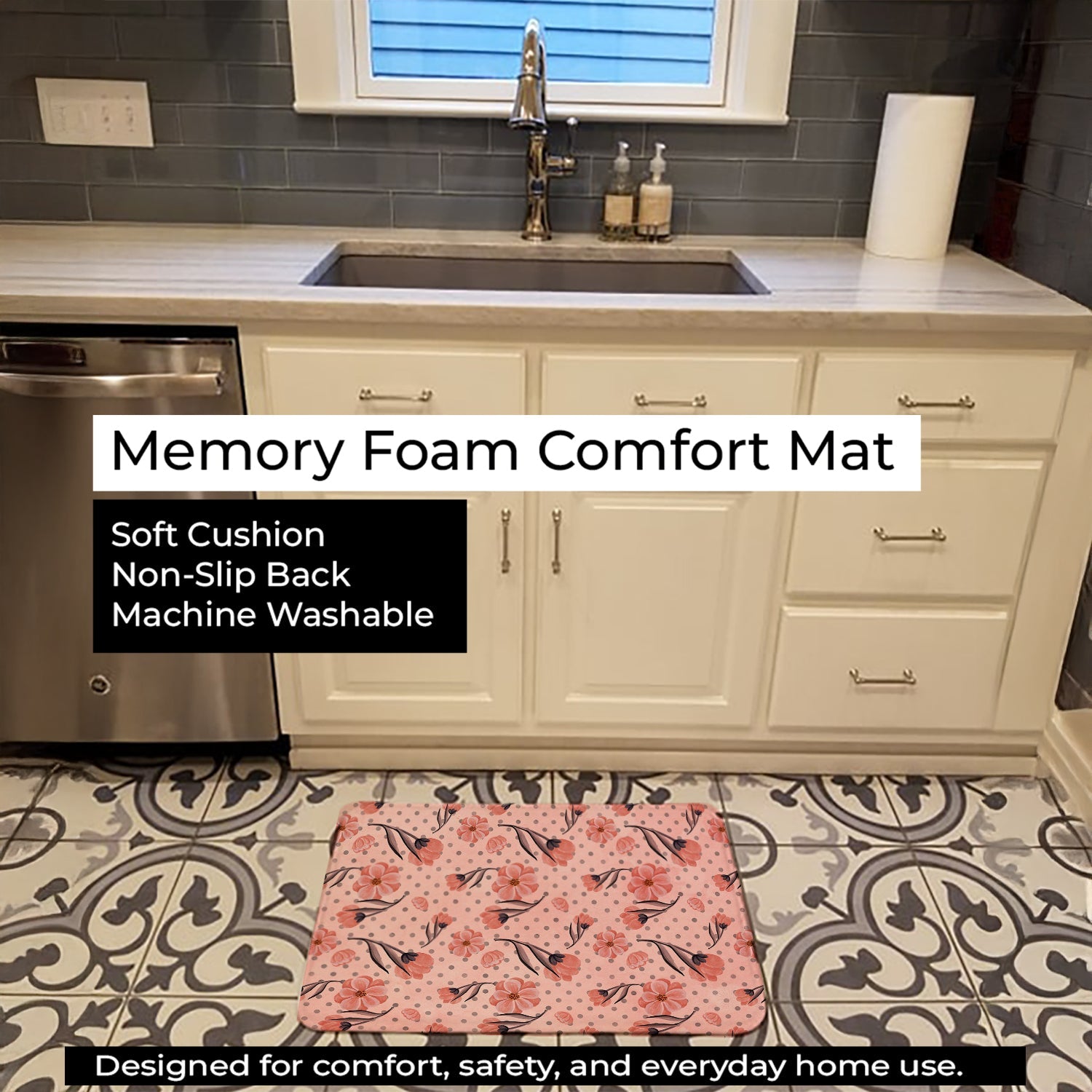 Pink Flowers and Polka Dots Memory Foam Kitchen Mat Machine Washable Anti-Fatigue Cushion Comfort Bath or Kitchen Rug