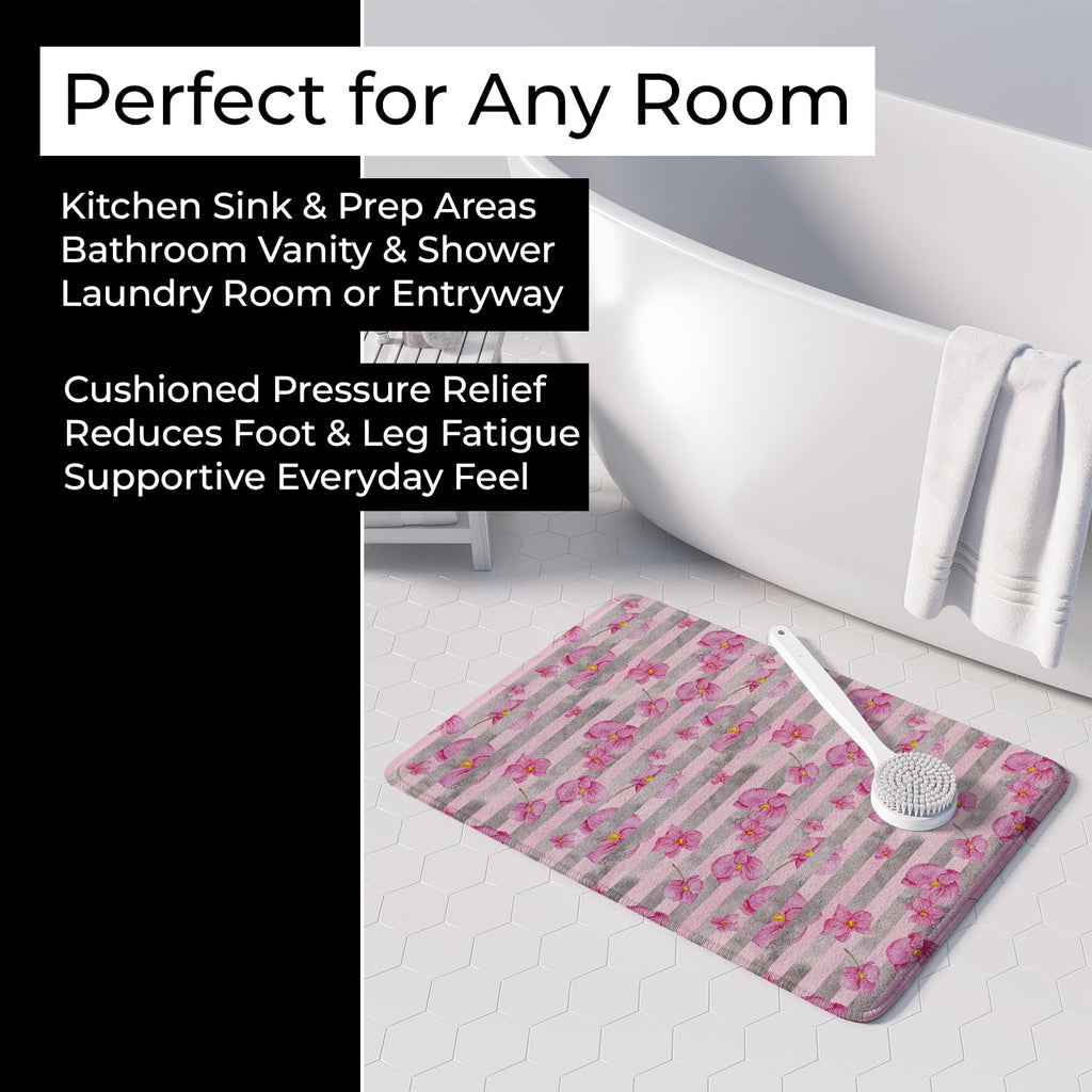 Watercolor Pink Flowers Grey Stripes Memory Foam Kitchen Mat Machine Washable Anti-Fatigue Cushion Comfort Bath or Kitchen Rug
