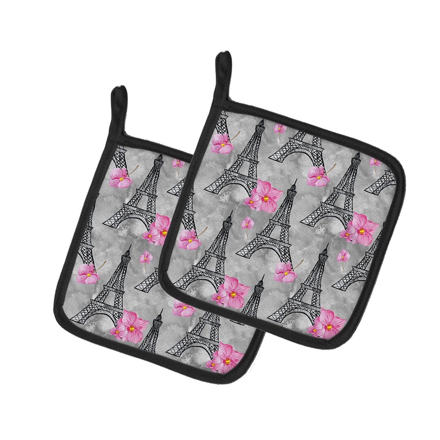 Watercolor Pink Flowers Eiffel Tower Pot Holder Set of 2 Heat Resistant Quilted Hot Pads 7.5 x 7.5 Inch, Insulated Kitchen Trivets for Cooking & Baking