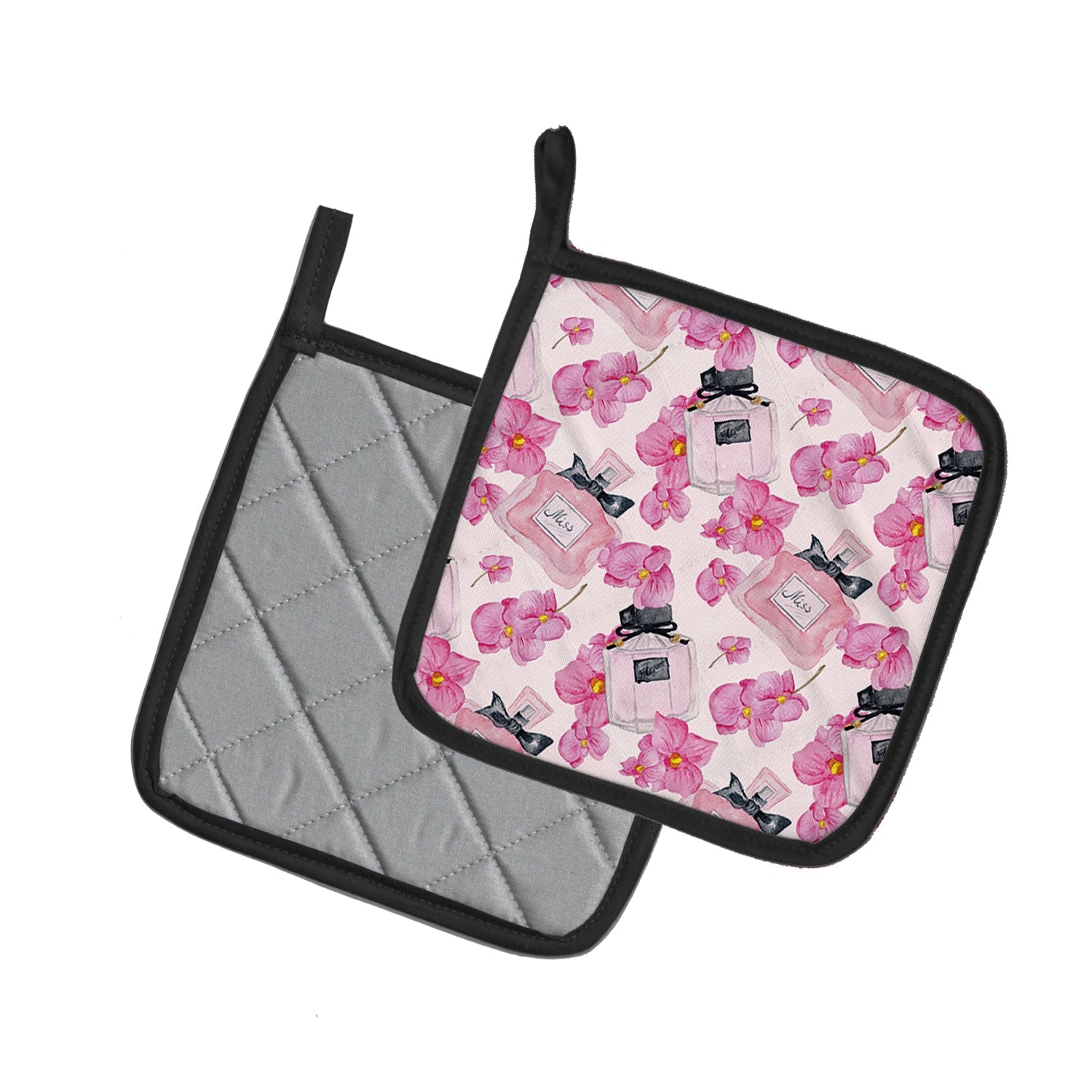 Watercolor Pink Flowers and Perfume Pot Holder Set of 2 Heat Resistant Quilted Hot Pads 7.5 x 7.5 Inch, Insulated Kitchen Trivets for Cooking & Baking