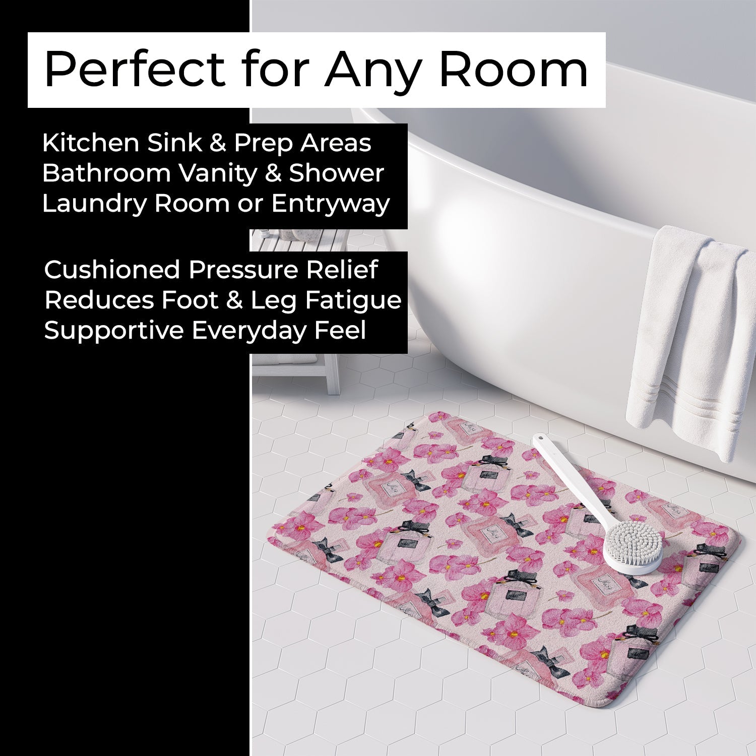 Watercolor Pink Flowers and Perfume Memory Foam Kitchen Mat Machine Washable Anti-Fatigue Cushion Comfort Bath or Kitchen Rug