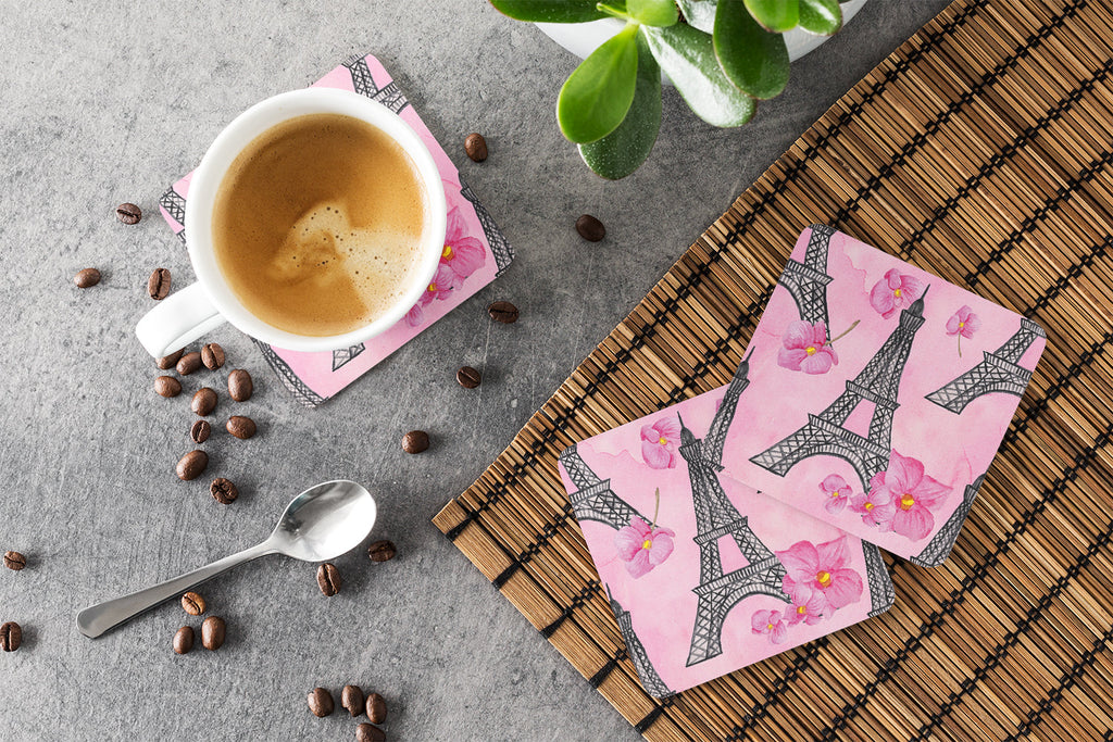 Watercolor Pink Flowers and Eiffel Tower Foam Coasters Set of 4 Cup Coasters for Indoor Outdoor, Tabletop Protection, Anti Slip, Mouse pad Material