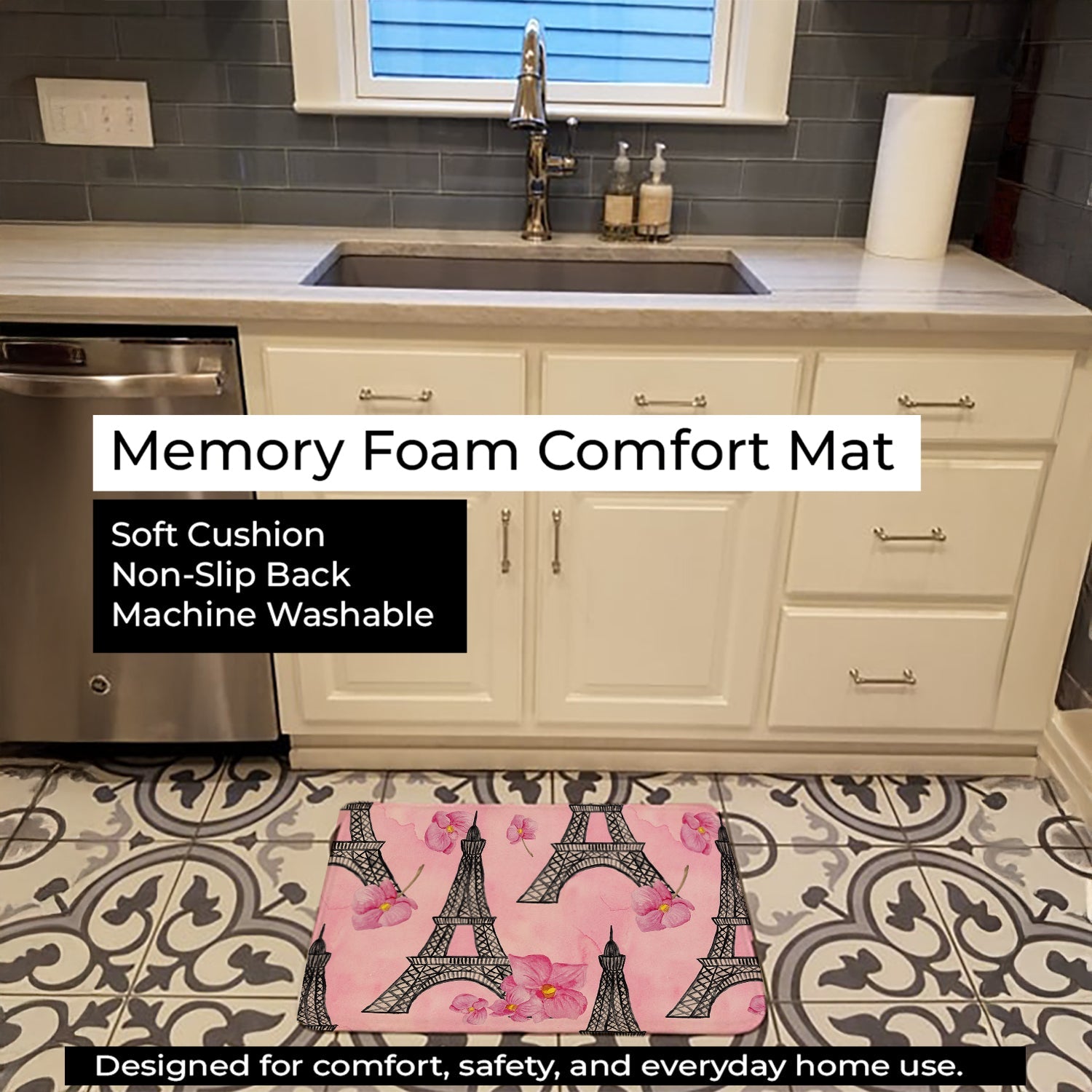 Watercolor Pink Flowers and Eiffel Tower Memory Foam Kitchen Mat Machine Washable Anti-Fatigue Cushion Comfort Bath or Kitchen Rug