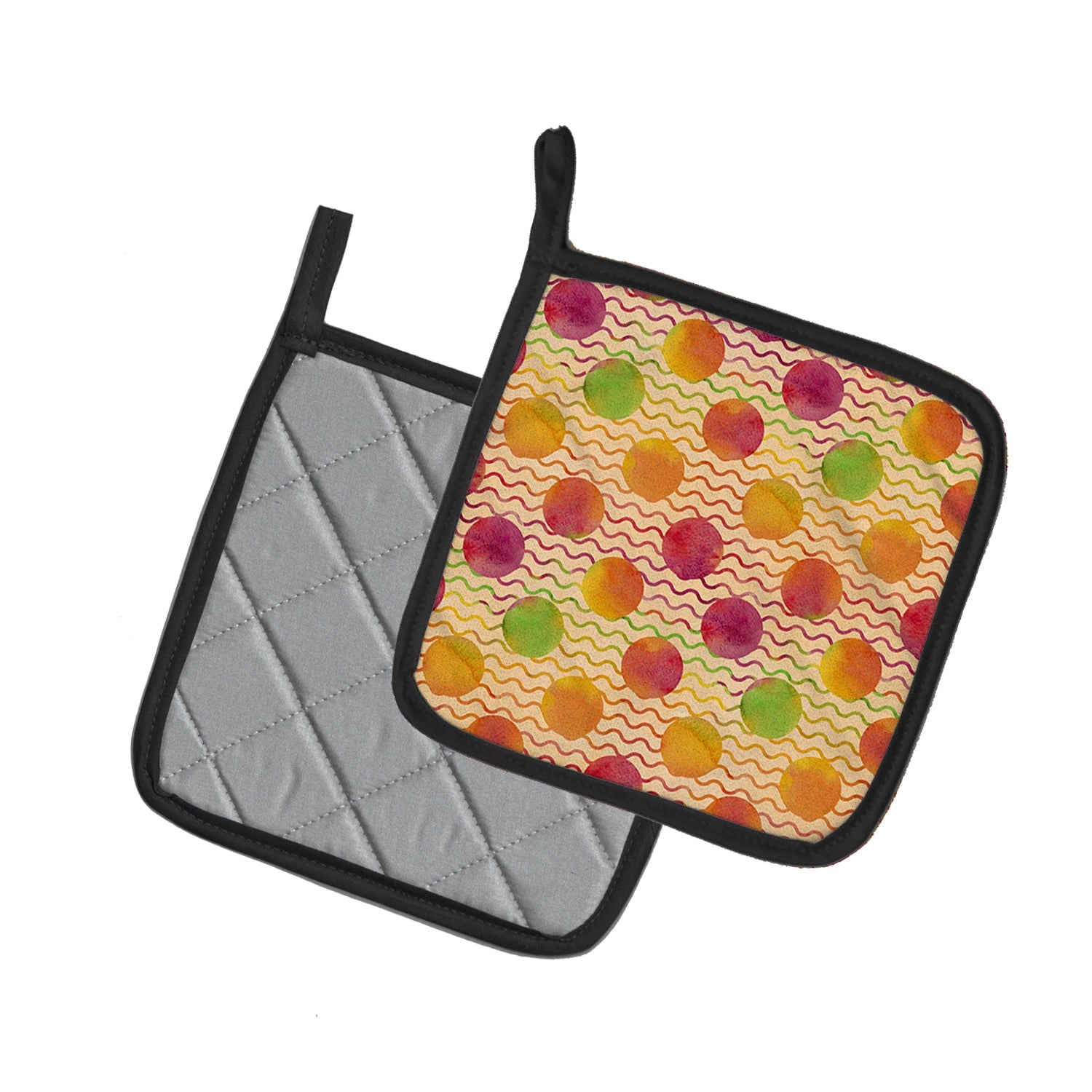 Watercolor Rainbow Dots and Sqiggles Pot Holder Set of 2 Heat Resistant Quilted Hot Pads 7.5 x 7.5 Inch, Insulated Kitchen Trivets for Cooking & Baking