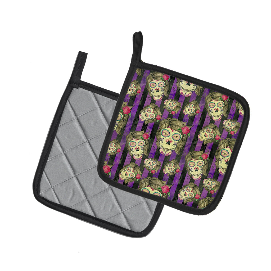 Watecolor Day of the Dead Halloween Pot Holder Set of 2 Heat Resistant Quilted Hot Pads 7.5 x 7.5 Inch, Insulated Kitchen Trivets for Cooking & Baking