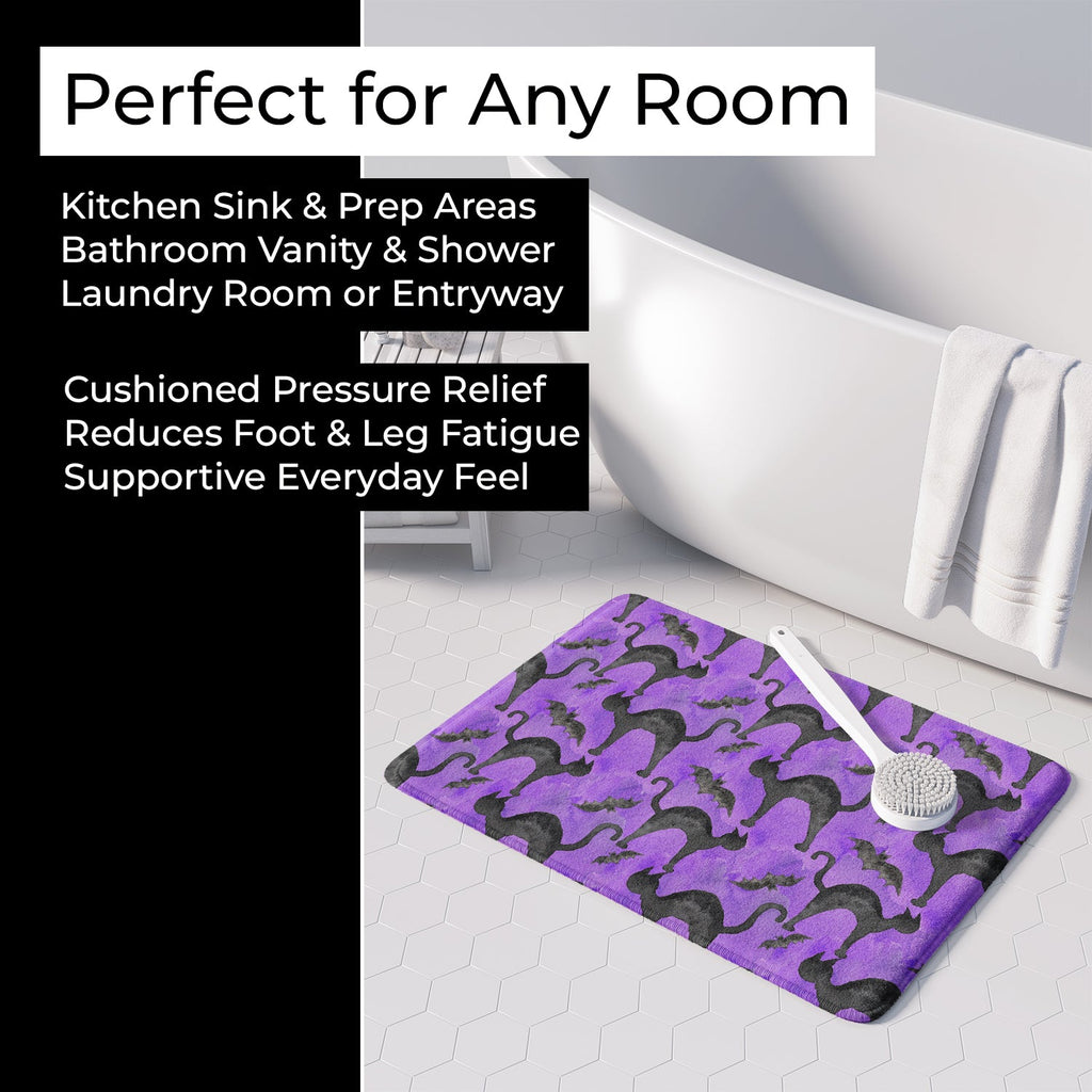 Watecolor Halloween Black Cats on Purple Memory Foam Kitchen Mat Machine Washable Anti-Fatigue Cushion Comfort Bath or Kitchen Rug