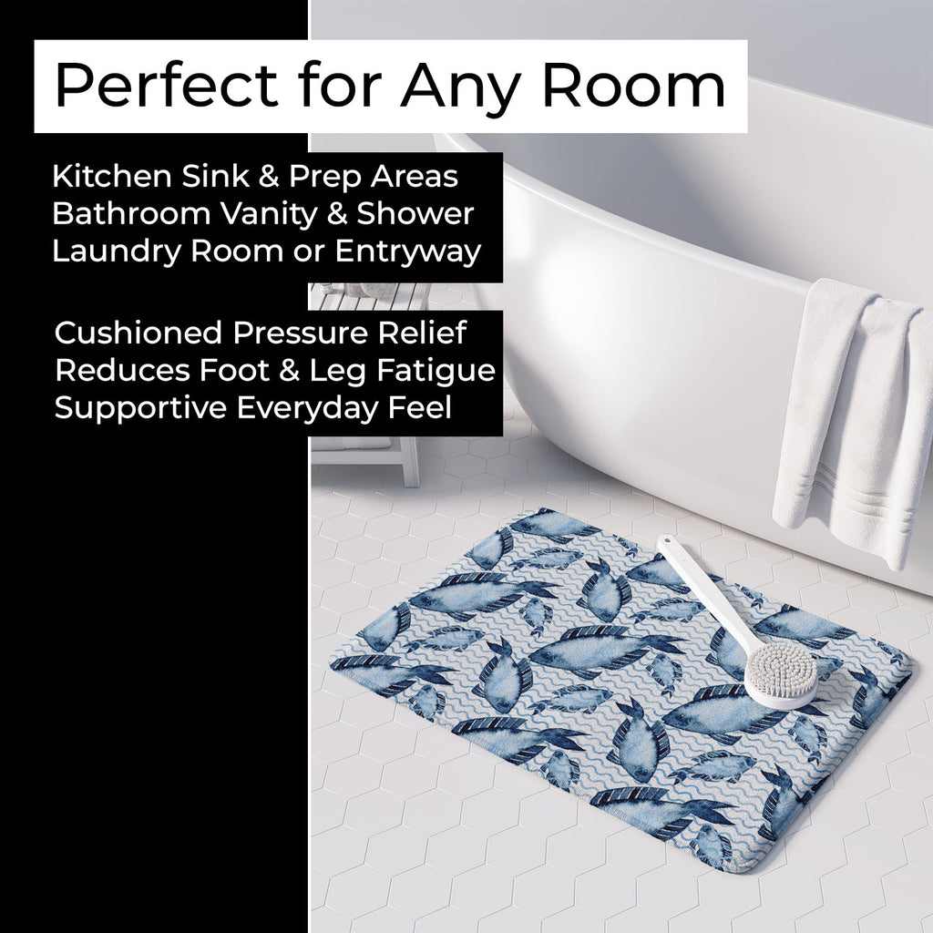 Beach Watercolor Fishes Memory Foam Kitchen Mat Machine Washable Anti-Fatigue Cushion Comfort Bath or Kitchen Rug