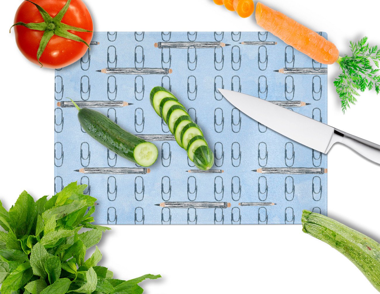 Watercolor Organized Paper Clips Blue Cutting Board Tempered Glass Kitchen Cutting Surface, Heat Resistant Chopping, Non-Slip Feet, Food Prep & Serving