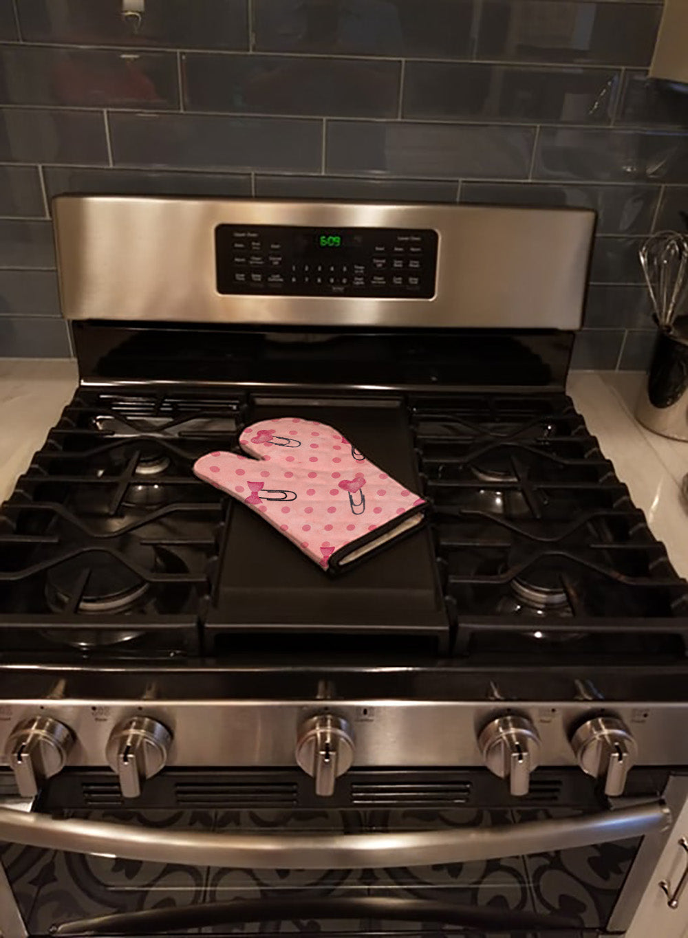 Watercolor Paper Clips and Polkadots Pink Oven Mitt Heat Resistant Thick Oven Mitt for Hot Pans and Oven, Kitchen Mitt Protect Hands, Cooking Baking Glove