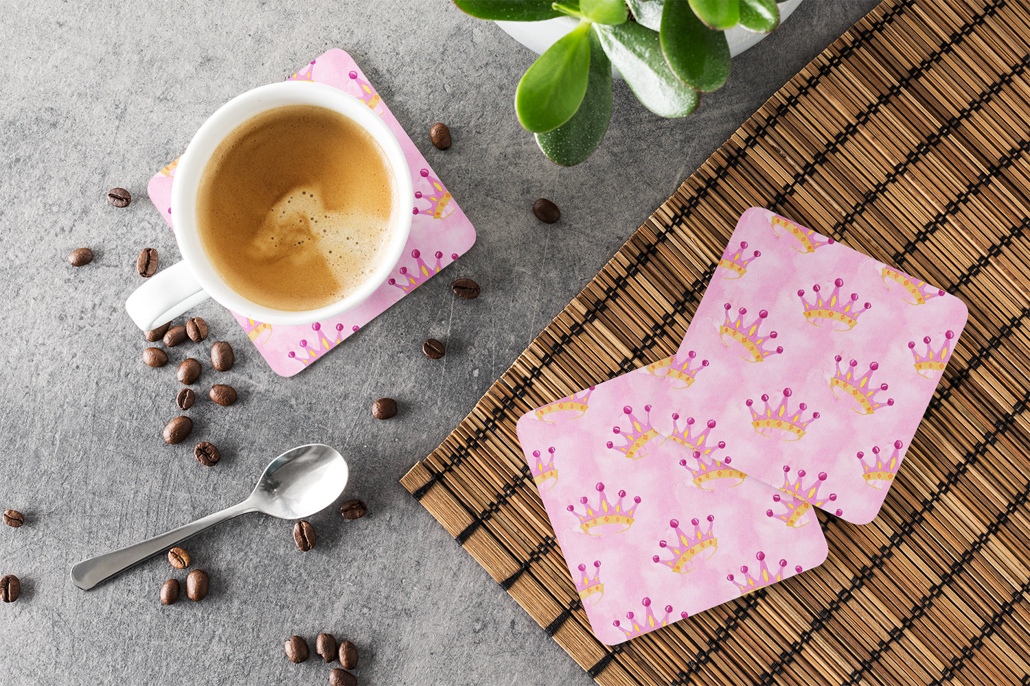 Watercolor Princess Crown on Pink Foam Coasters Set of 4 Cup Coasters for Indoor Outdoor, Tabletop Protection, Anti Slip, Mouse pad Material