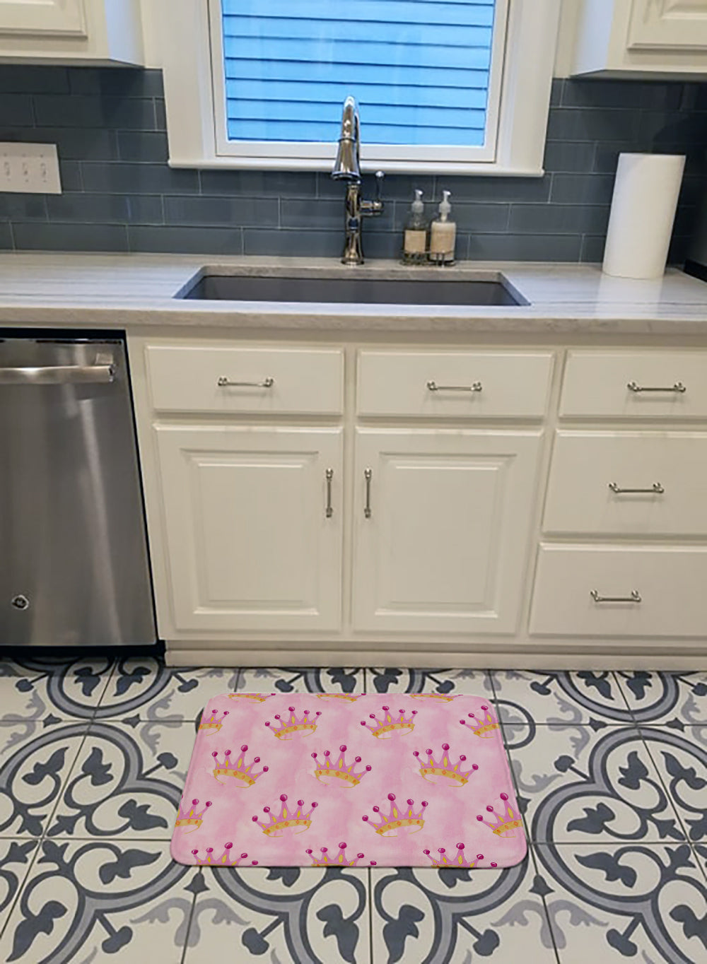 Watercolor Princess Crown on Pink Memory Foam Kitchen Mat Machine Washable Anti-Fatigue Cushion Comfort Bath or Kitchen Rug