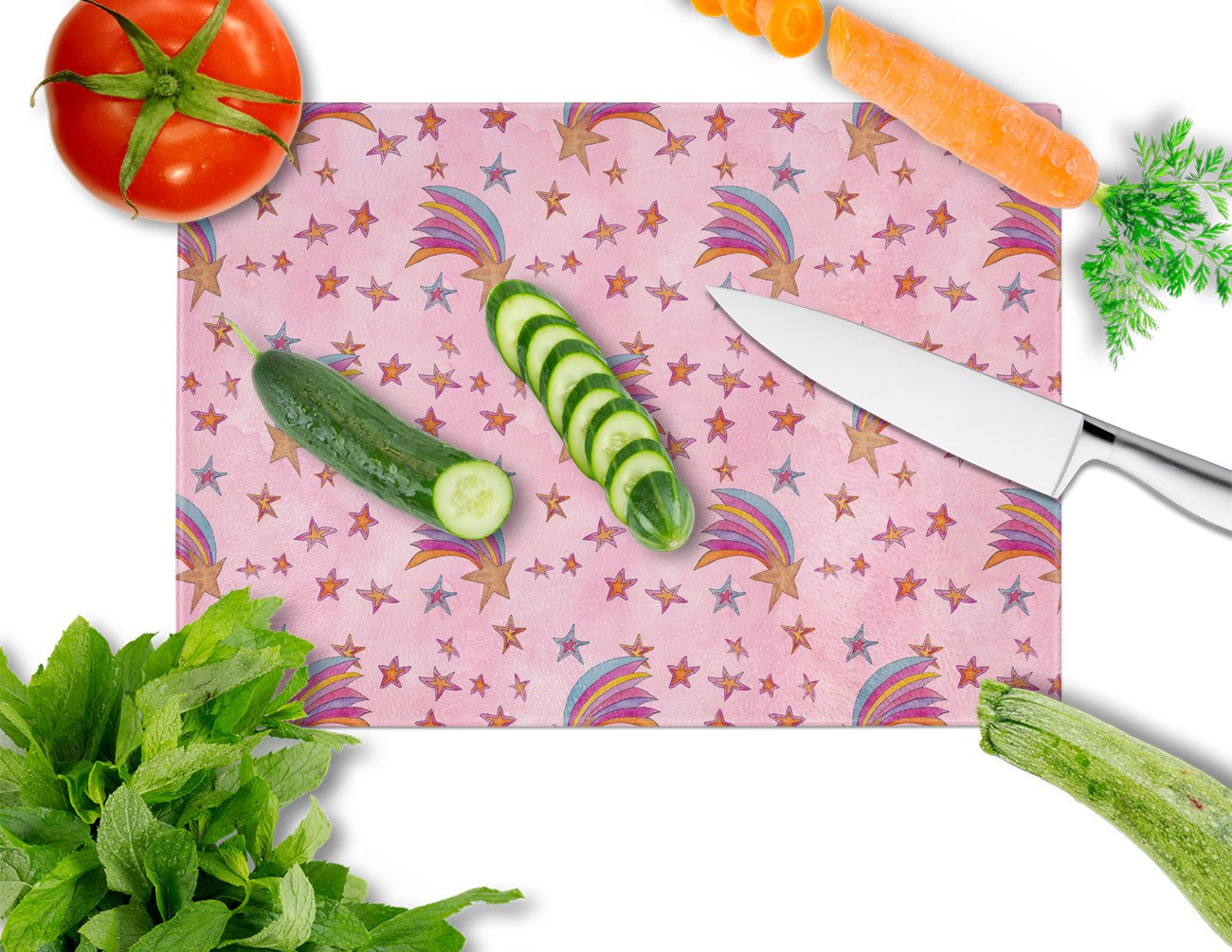 Watercolor Shooting Stars on Pink Cutting Board Tempered Glass Kitchen Cutting Surface, Heat Resistant Chopping, Non-Slip Feet, Food Prep & Serving
