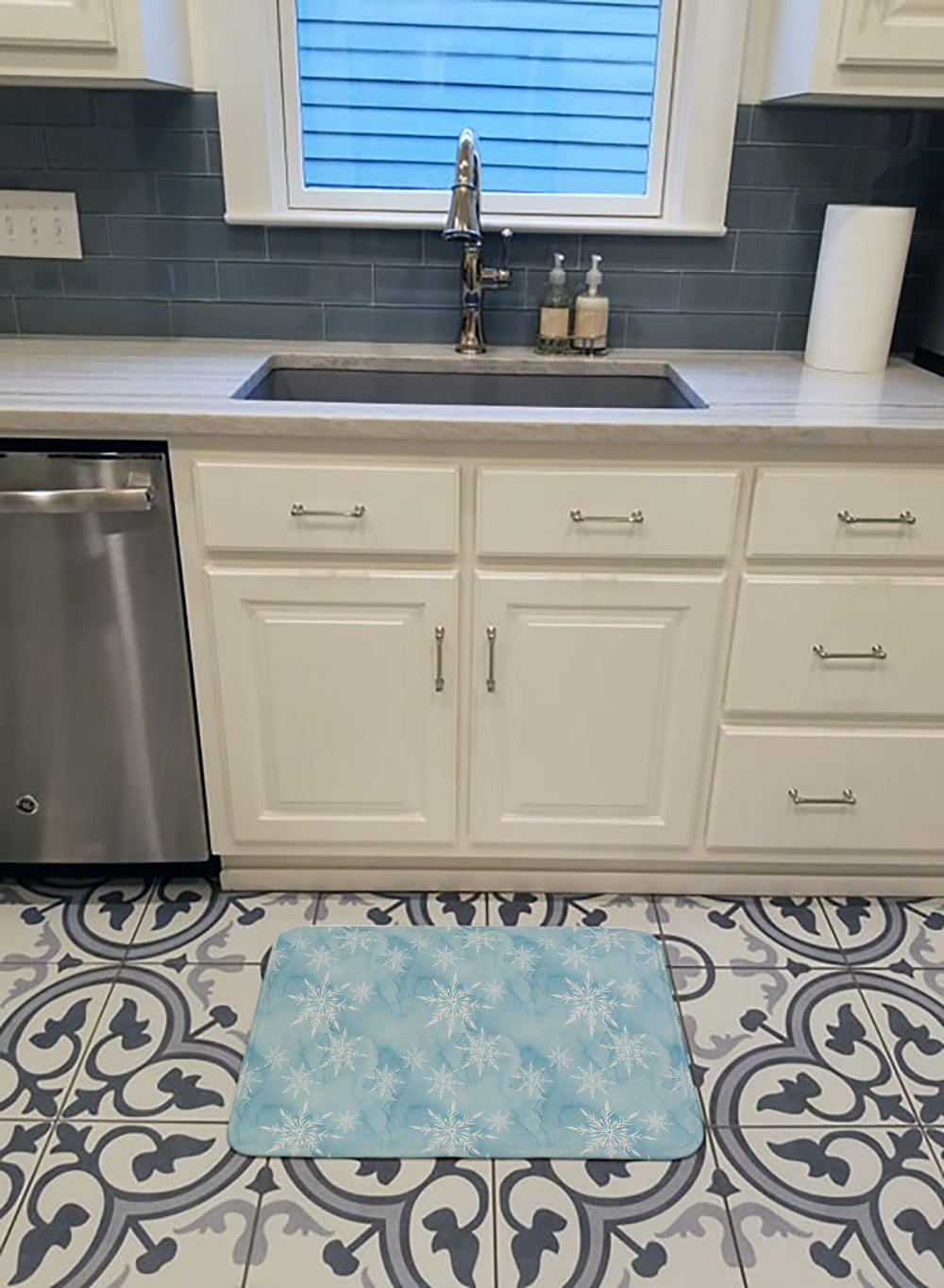 Watercolor Snowflake on Light Blue Memory Foam Kitchen Mat Machine Washable Anti-Fatigue Cushion Comfort Bath or Kitchen Rug