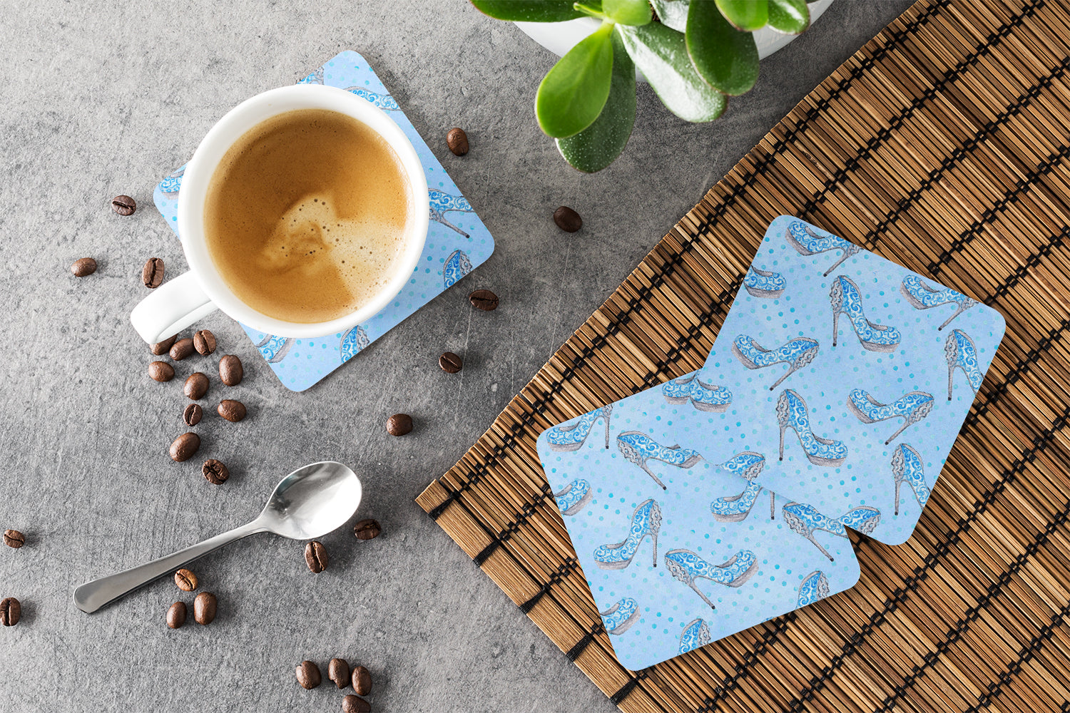 Watercolor Cinderella Shoe in Blue Foam Coasters Set of 4 Cup Coasters for Indoor Outdoor, Tabletop Protection, Anti Slip, Mouse pad Material