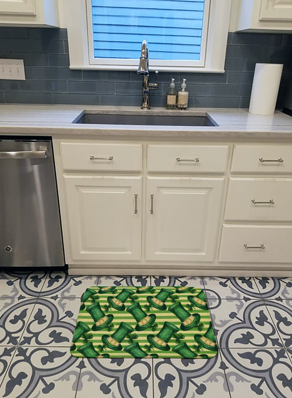 Watercolor St Patrick's Day Leprechan Hat Memory Foam Kitchen Mat Machine Washable Anti-Fatigue Cushion Comfort Bath or Kitchen Rug