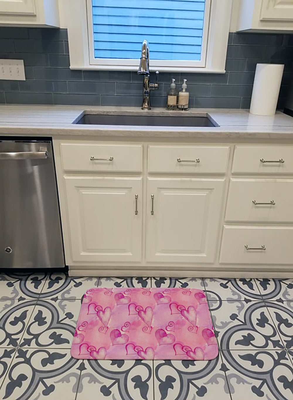Watercolor Hot Pink Hearts Memory Foam Kitchen Mat Machine Washable Anti-Fatigue Cushion Comfort Bath or Kitchen Rug