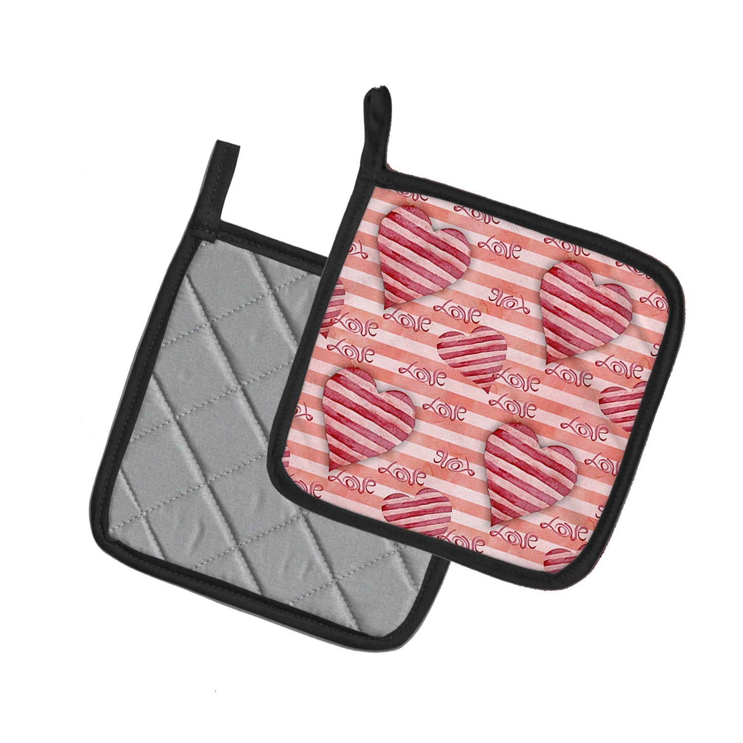 Watercolor Red Striped Hearts Pot Holder Set of 2 Heat Resistant Quilted Hot Pads 7.5 x 7.5 Inch, Insulated Kitchen Trivets for Cooking & Baking