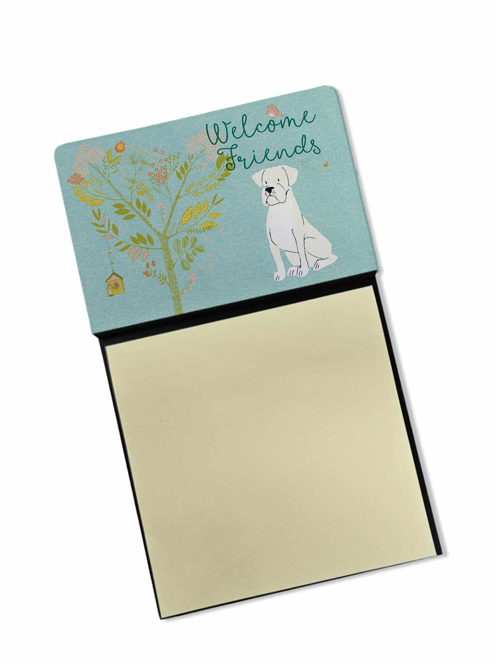 Welcome Friends White Boxer Watercolor Sticky Note Holder Refillable Dispenser Desk Accessory 3x3 Pad Gift