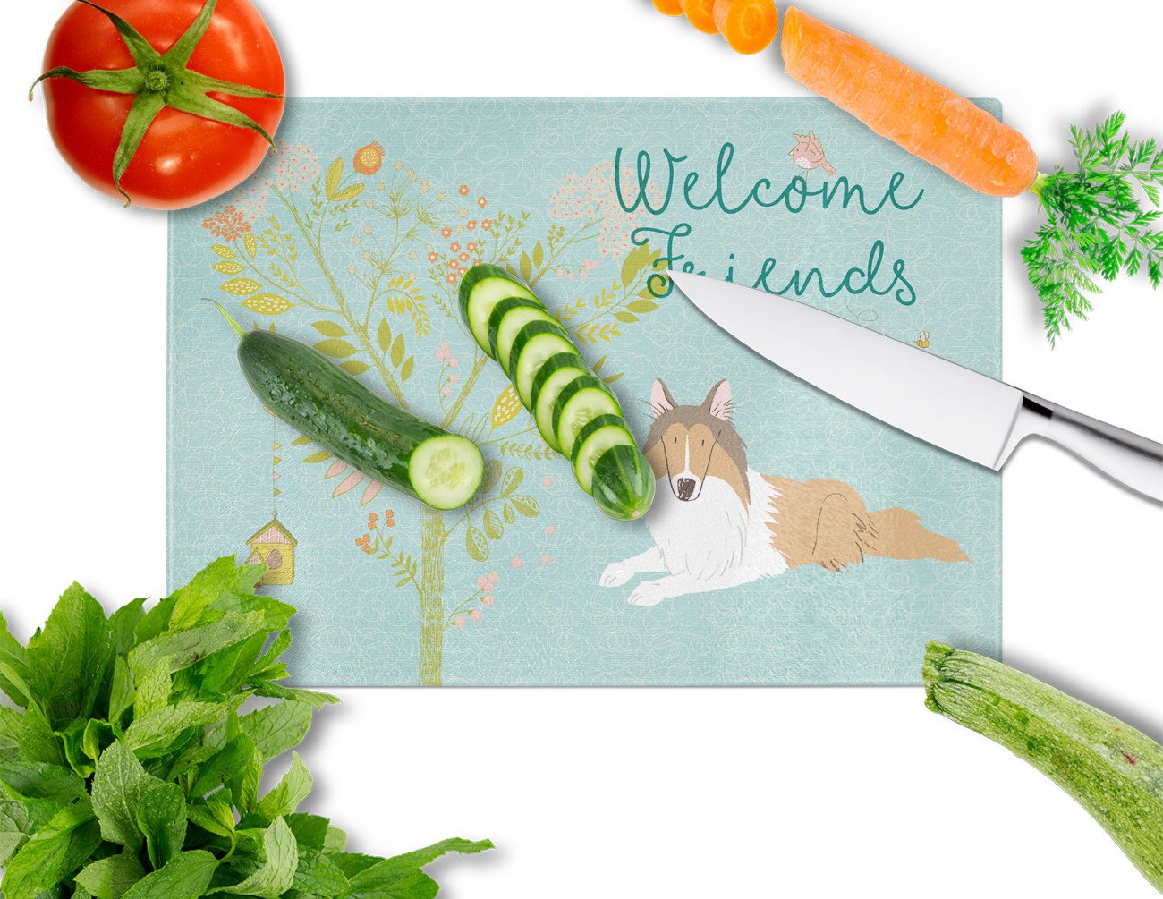 Welcome Friends Collie Cutting Board Tempered Glass Kitchen Cutting Surface, Heat Resistant Chopping, Non-Slip Feet, Food Prep & Serving