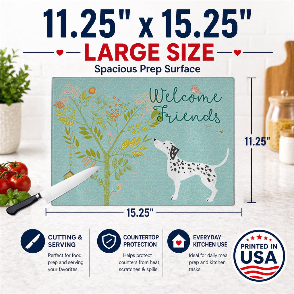 Welcome Friends Dalmatian Cutting Board Tempered Glass Kitchen Cutting Surface, Heat Resistant Chopping, Non-Slip Feet, Food Prep & Serving