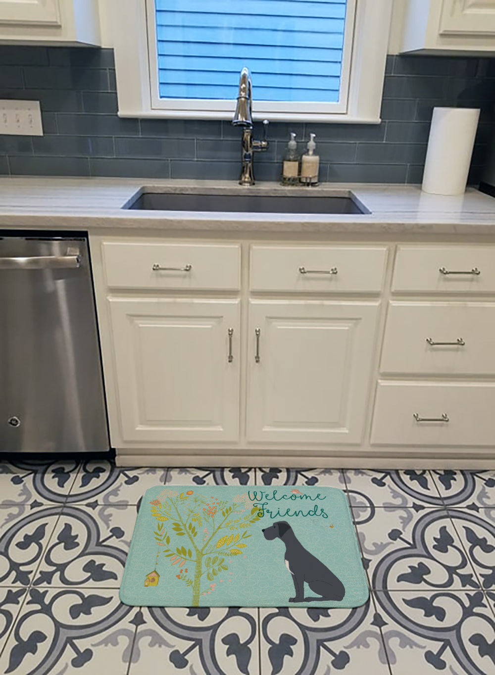 Welcome Friends Black Great Dane Memory Foam Kitchen Mat Machine Washable Anti-Fatigue Cushion Comfort Bath or Kitchen Rug
