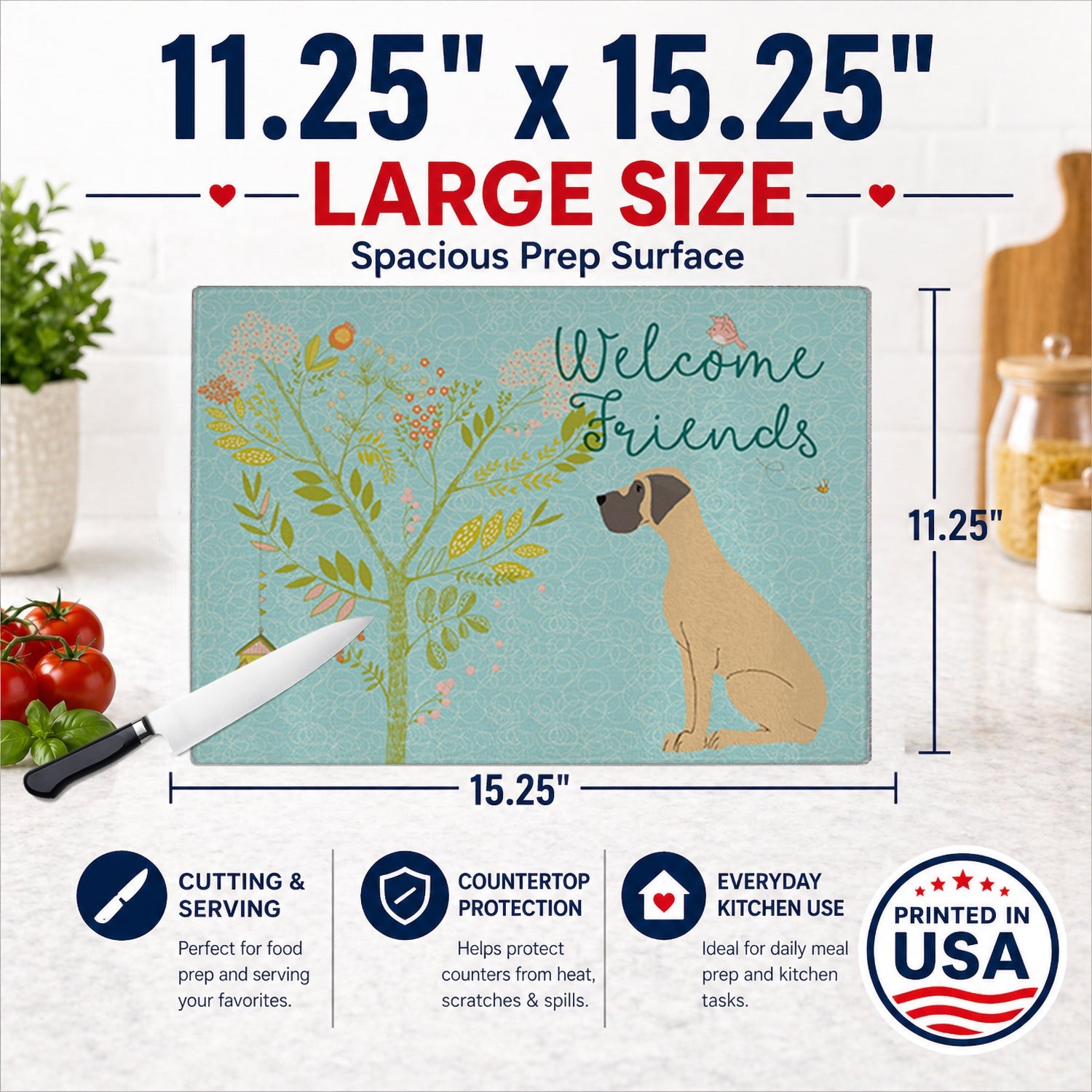 Welcome Friends Fawn Great Dane Natural Ears Cutting Board Tempered Glass Kitchen Cutting Surface, Heat Resistant Chopping, Non-Slip Feet, Food Prep & Serving