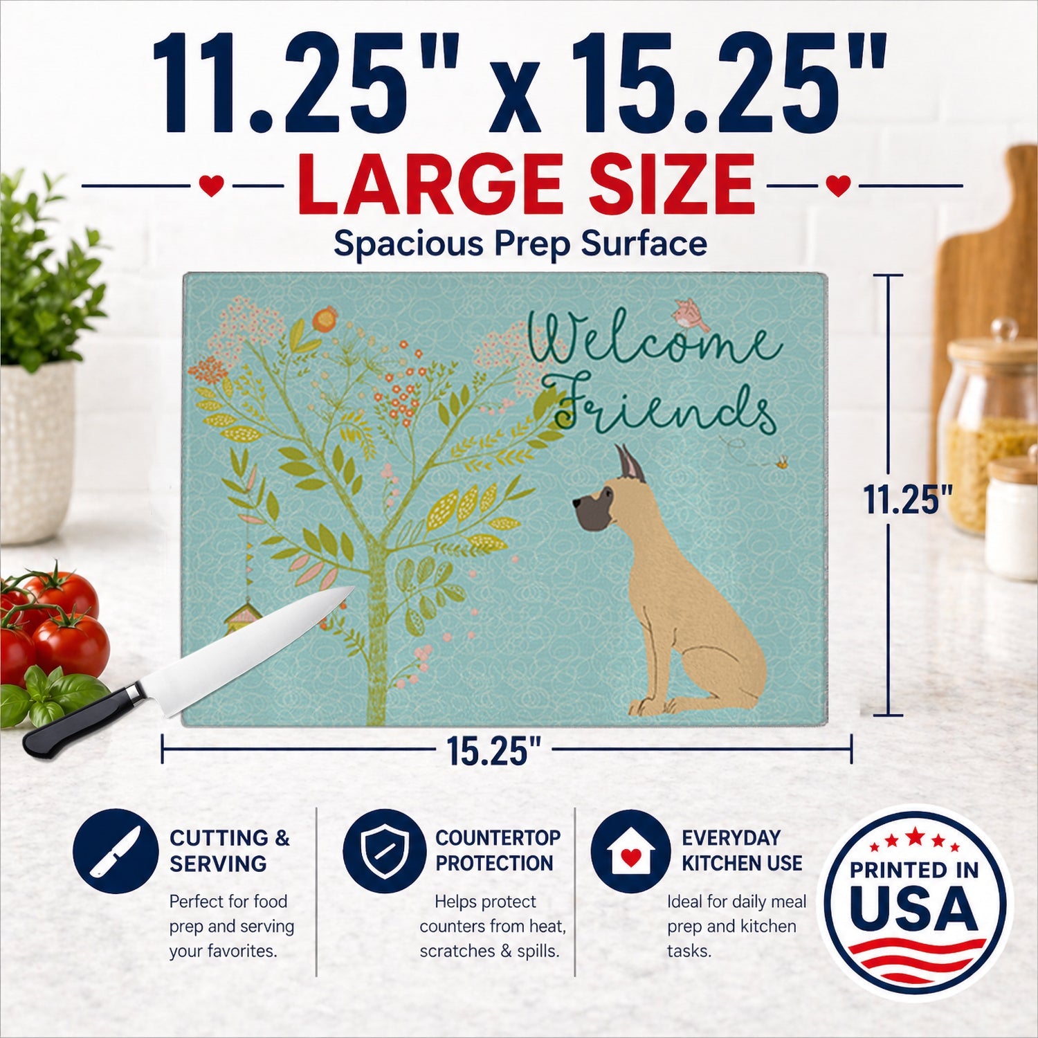 Welcome Friends Fawn Great Dane Cropped Ears Cutting Board Tempered Glass Kitchen Cutting Surface, Heat Resistant Chopping, Non-Slip Feet, Food Prep & Serving