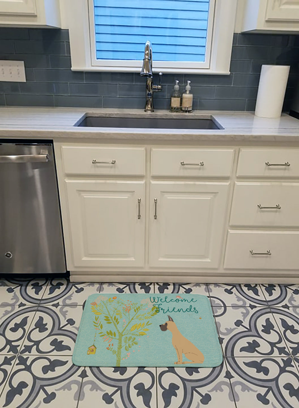 Welcome Friends Fawn Great Dane Cropped Ears Memory Foam Kitchen Mat Machine Washable Anti-Fatigue Cushion Comfort Bath or Kitchen Rug