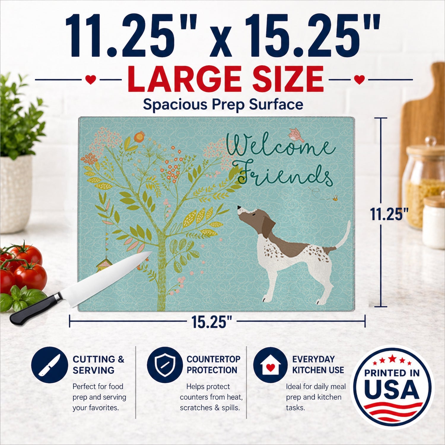 Welcome Friends Gun Dog Cutting Board Tempered Glass Kitchen Cutting Surface, Heat Resistant Chopping, Non-Slip Feet, Food Prep & Serving