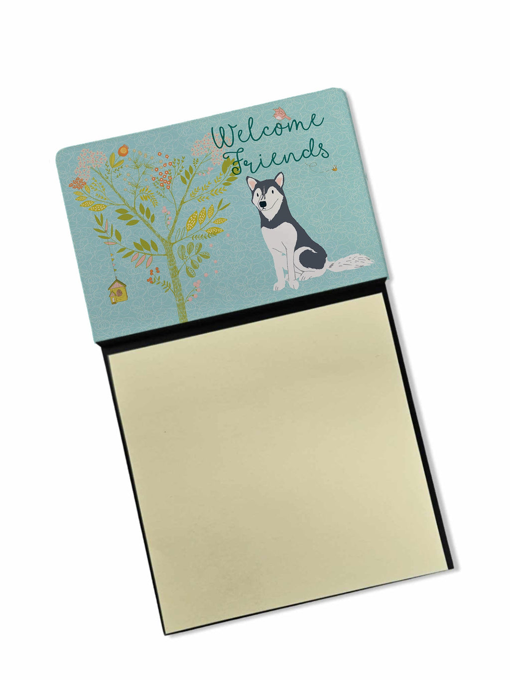 Welcome Friends Siberian Husky Watercolor Sticky Note Holder Refillable Dispenser Desk Accessory 3x3 Pad Gift