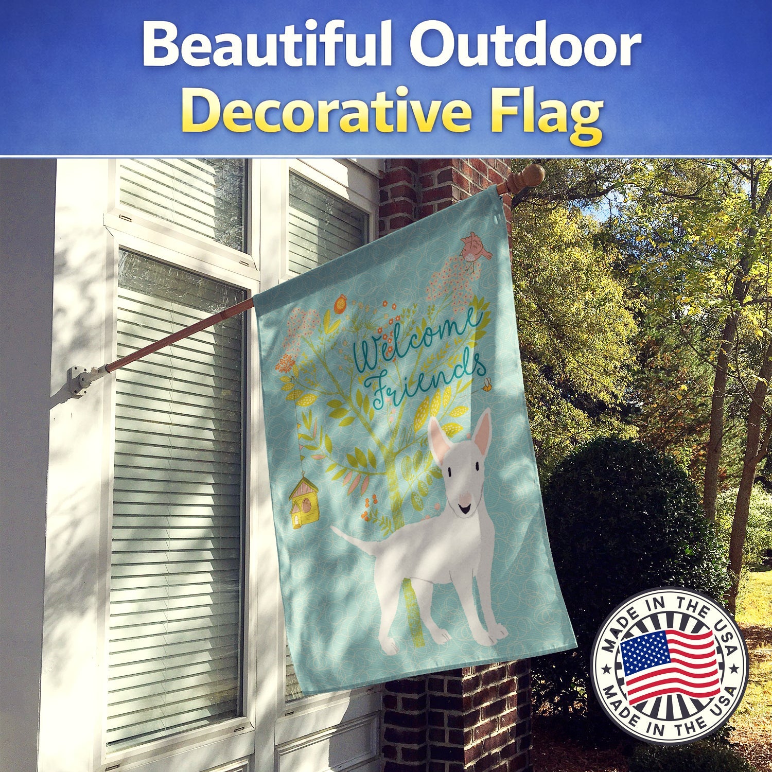 Welcome Friends White Bull Terrier House Flag 28x40 Porch Sleeve Pole Decorative Outside Yard Banner Artwork Wall Hanging, Polyester