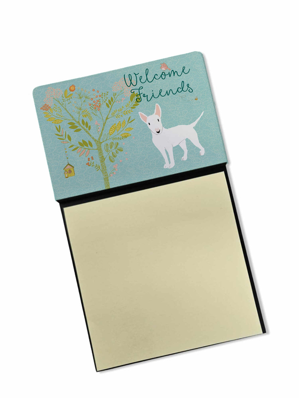 Welcome Friends White Bull Terrier Watercolor Sticky Note Holder Refillable Dispenser Desk Accessory 3x3 Pad Gift