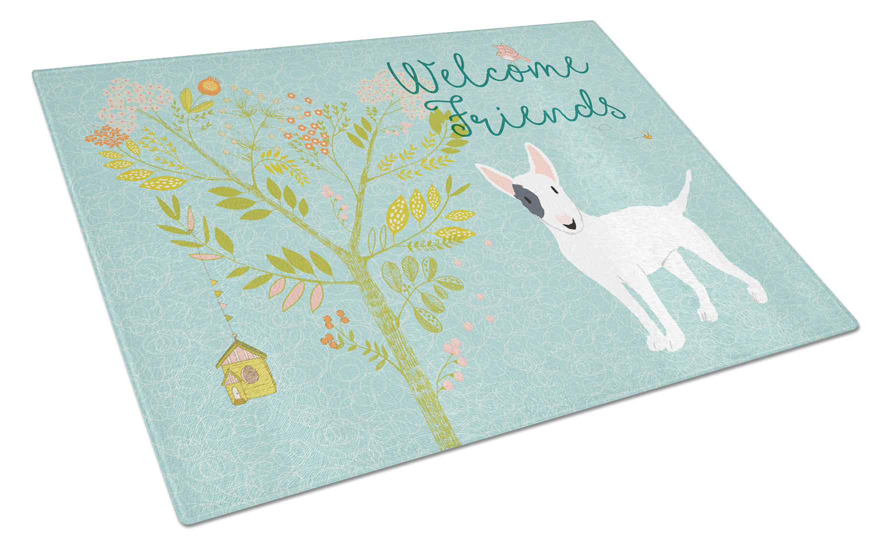 Welcome Friends White Patched Bull Terrier Cutting Board Tempered Glass Kitchen Cutting Surface, Heat Resistant Chopping, Non-Slip Feet, Food Prep & Serving