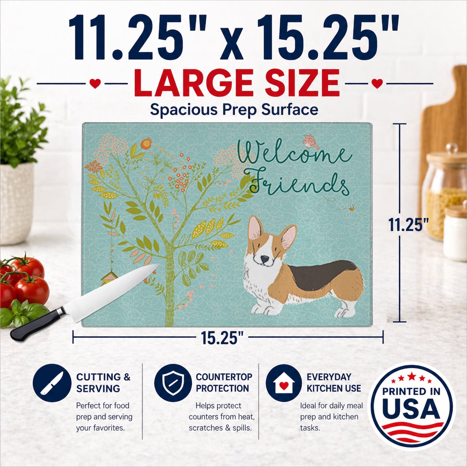 Welcome Friends Pembroke Welsh Corgi Tricolor Cutting Board Tempered Glass Kitchen Cutting Surface, Heat Resistant Chopping, Non-Slip Feet, Food Prep & Serving