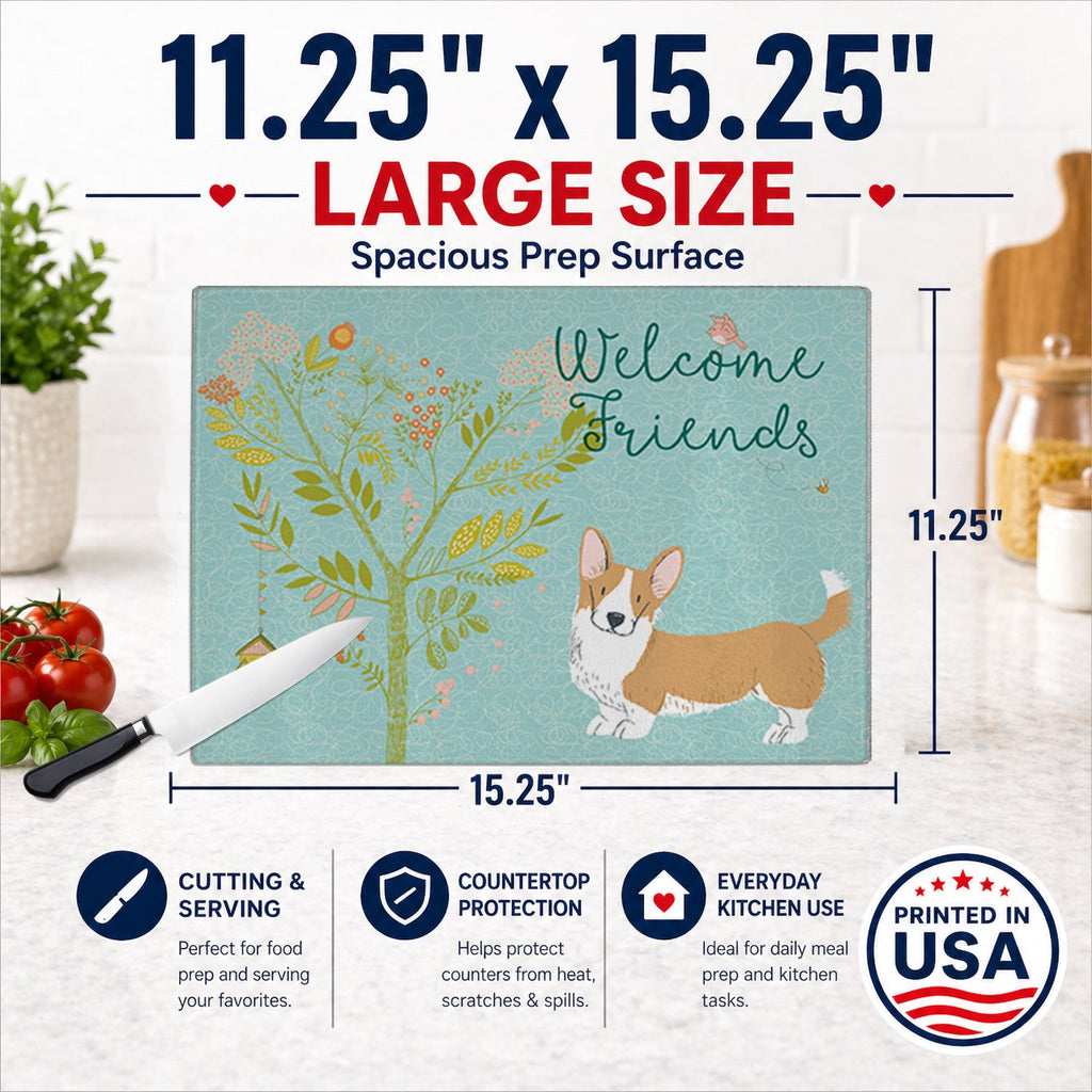 Welcome Friends Cardigan Welsh Corgi Red Cutting Board Tempered Glass Kitchen Cutting Surface, Heat Resistant Chopping, Non-Slip Feet, Food Prep & Serving