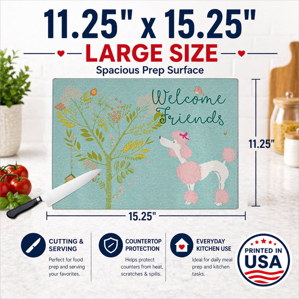 Welcome Friends Pink Poodle Cutting Board Tempered Glass Kitchen Cutting Surface, Heat Resistant Chopping, Non-Slip Feet, Food Prep & Serving