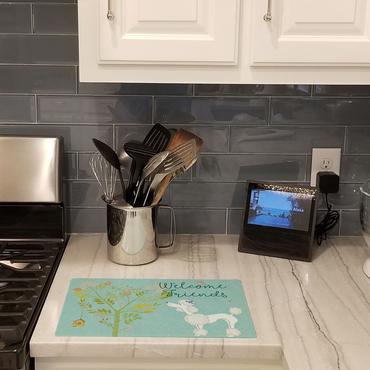 Welcome Friends White Poodle Cutting Board Tempered Glass Kitchen Cutting Surface, Heat Resistant Chopping, Non-Slip Feet, Food Prep & Serving