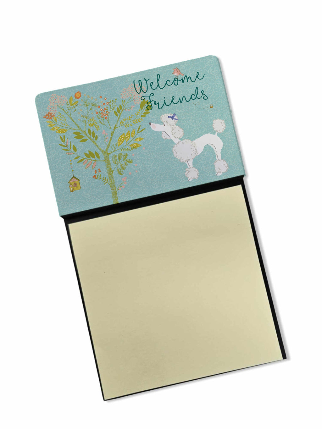 Welcome Friends White Poodle Watercolor Sticky Note Holder Refillable Dispenser Desk Accessory 3x3 Pad Gift
