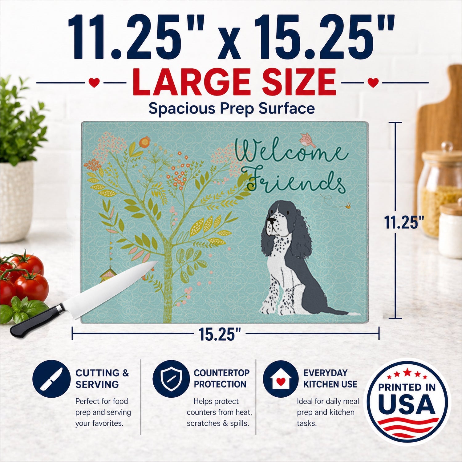 Welcome Friends Black Springer Spaniel Cutting Board Tempered Glass Kitchen Cutting Surface, Heat Resistant Chopping, Non-Slip Feet, Food Prep & Serving