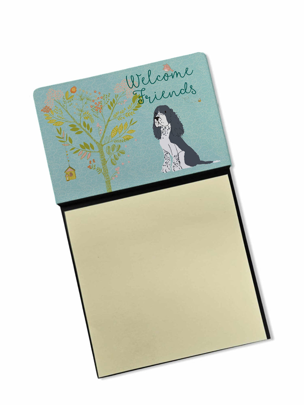 Welcome Friends Black Springer Spaniel Watercolor Sticky Note Holder Refillable Dispenser Desk Accessory 3x3 Pad Gift