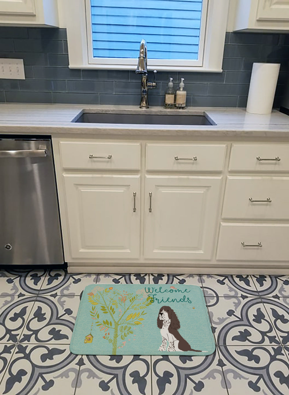 Welcome Friends Brown Springer Spaniel Memory Foam Kitchen Mat Machine Washable Anti-Fatigue Cushion Comfort Bath or Kitchen Rug