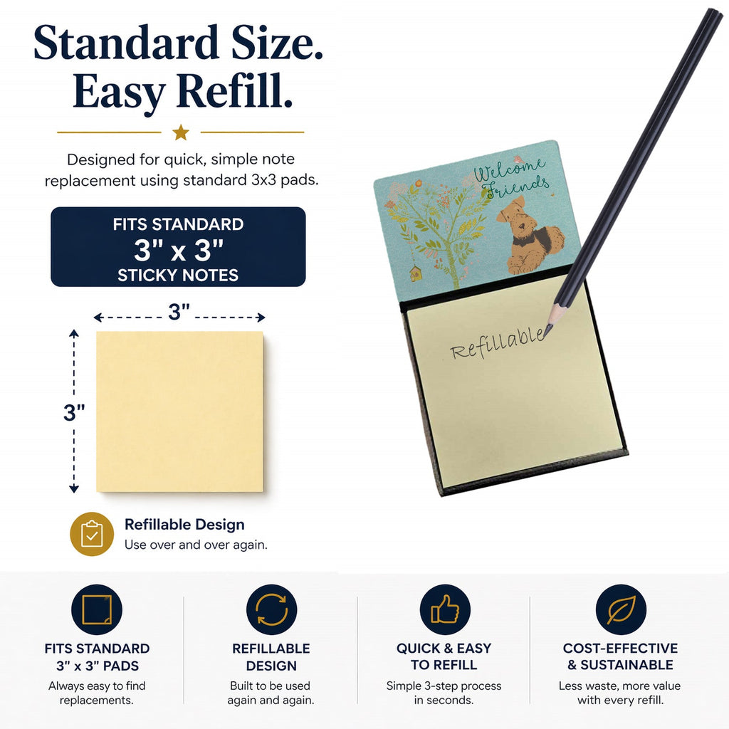 Welcome Friends Airedale Terrier Watercolor Sticky Note Holder Refillable Dispenser Desk Accessory 3x3 Pad Gift