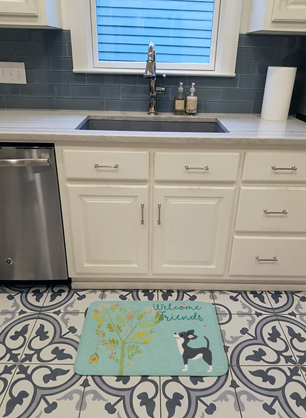 Welcome Friends Black White Chihuahua Memory Foam Kitchen Mat Machine Washable Anti-Fatigue Cushion Comfort Bath or Kitchen Rug