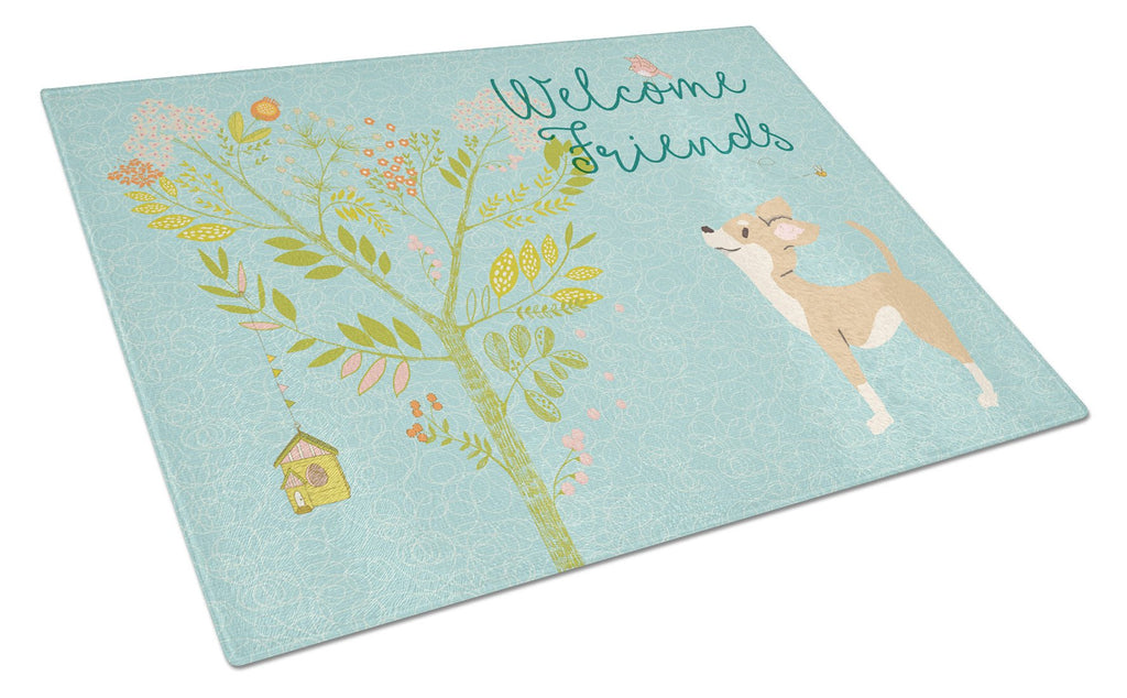 Welcome Friends Brown White Chihuahua Cutting Board Tempered Glass Kitchen Cutting Surface, Heat Resistant Chopping, Non-Slip Feet, Food Prep & Serving