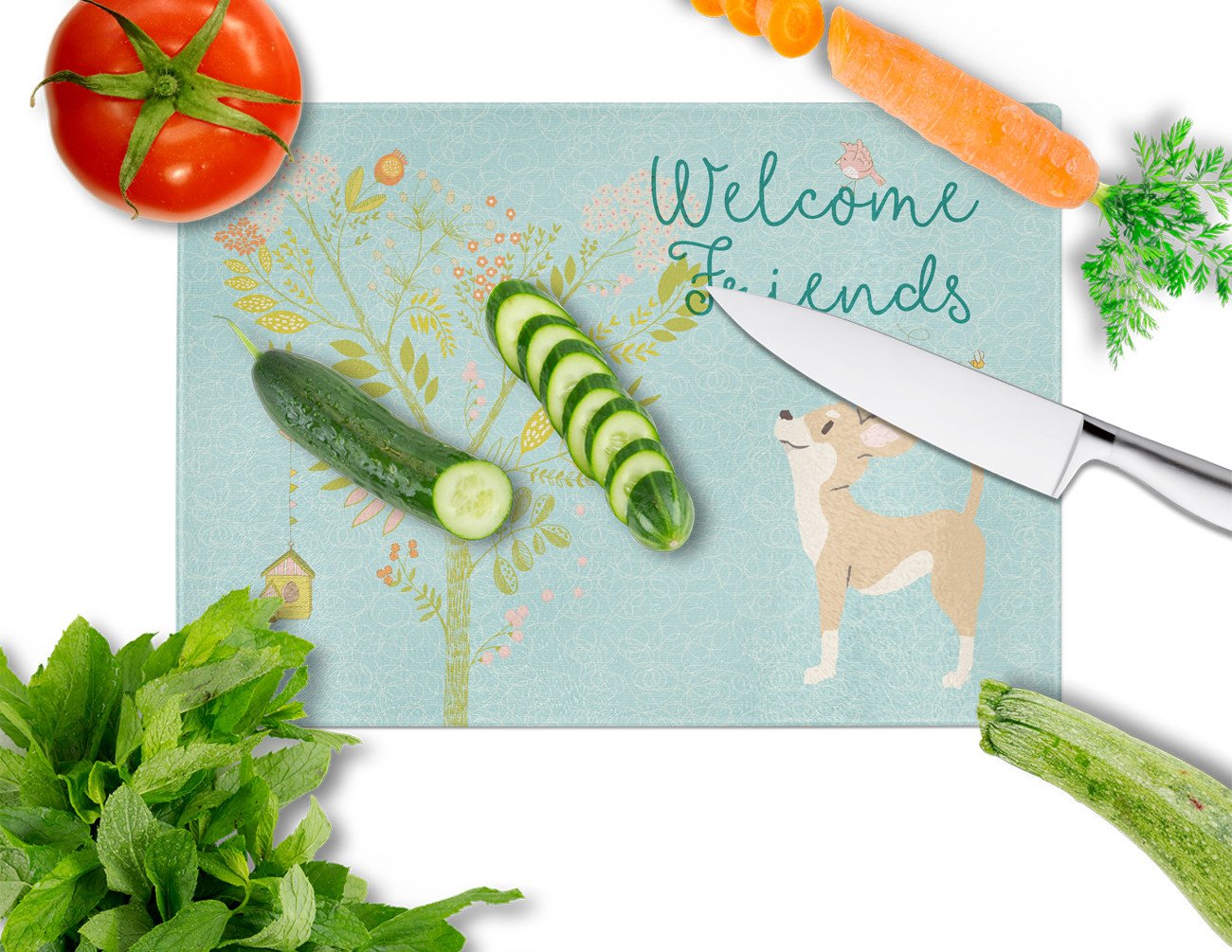 Welcome Friends Brown White Chihuahua Cutting Board Tempered Glass Kitchen Cutting Surface, Heat Resistant Chopping, Non-Slip Feet, Food Prep & Serving
