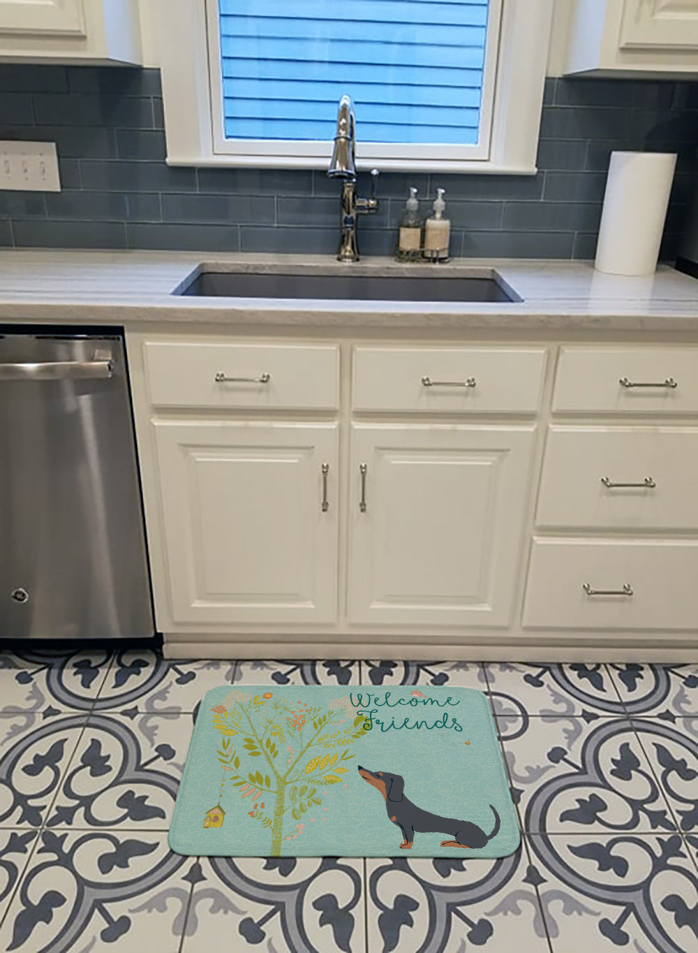 Welcome Friends Black Tan Dachshund Memory Foam Kitchen Mat Machine Washable Anti-Fatigue Cushion Comfort Bath or Kitchen Rug