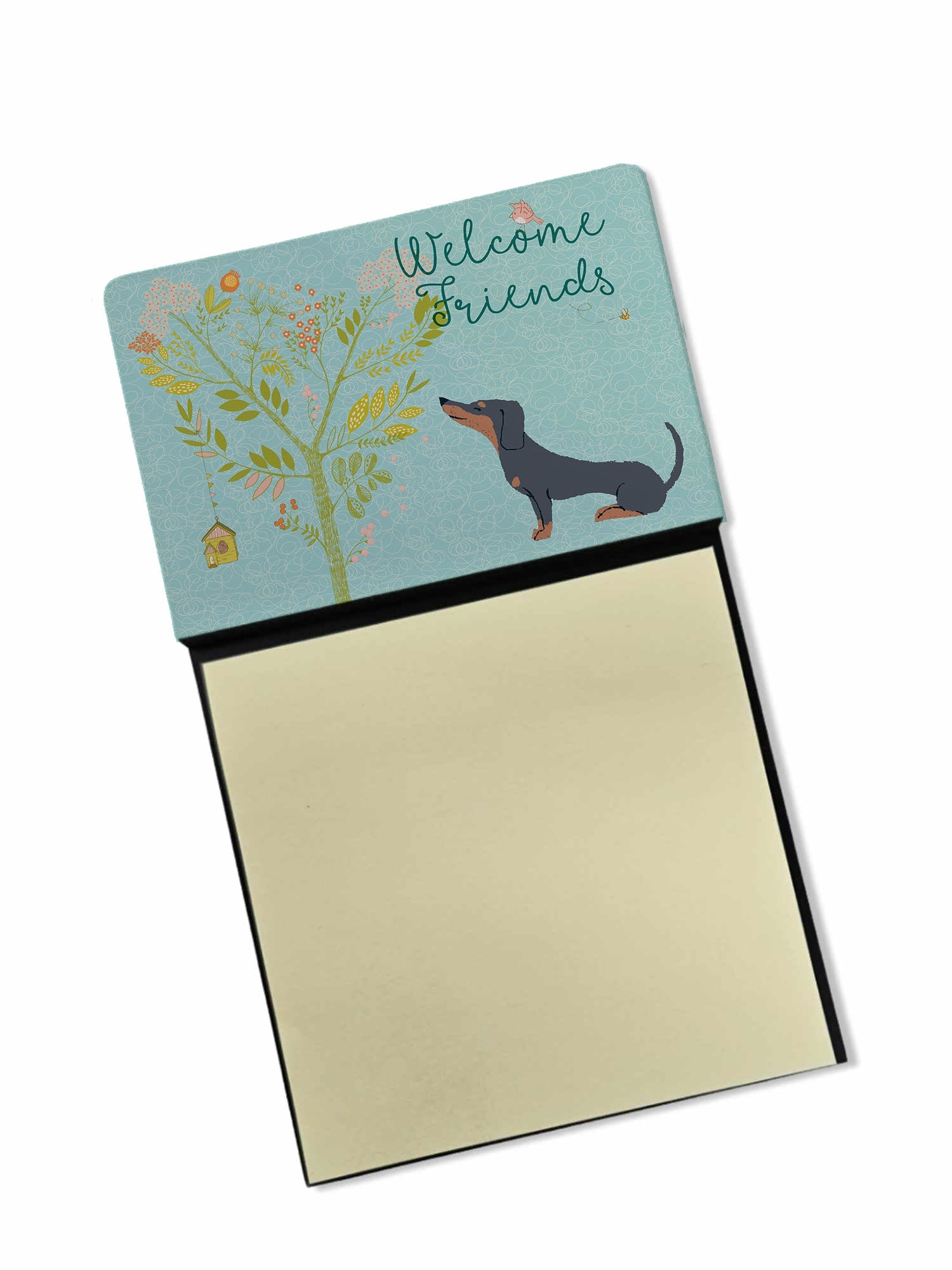 Welcome Friends Black Tan Dachshund Watercolor Sticky Note Holder Refillable Dispenser Desk Accessory 3x3 Pad Gift
